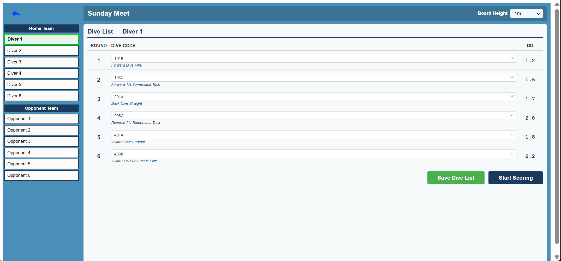 Diving Trak dive list page