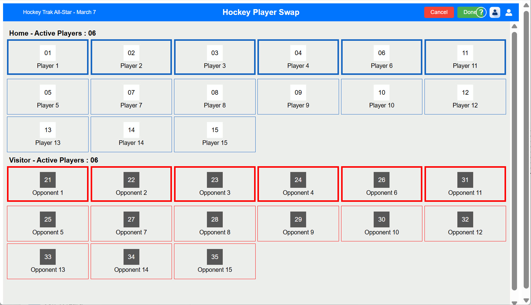 Hockey Trak player swap page