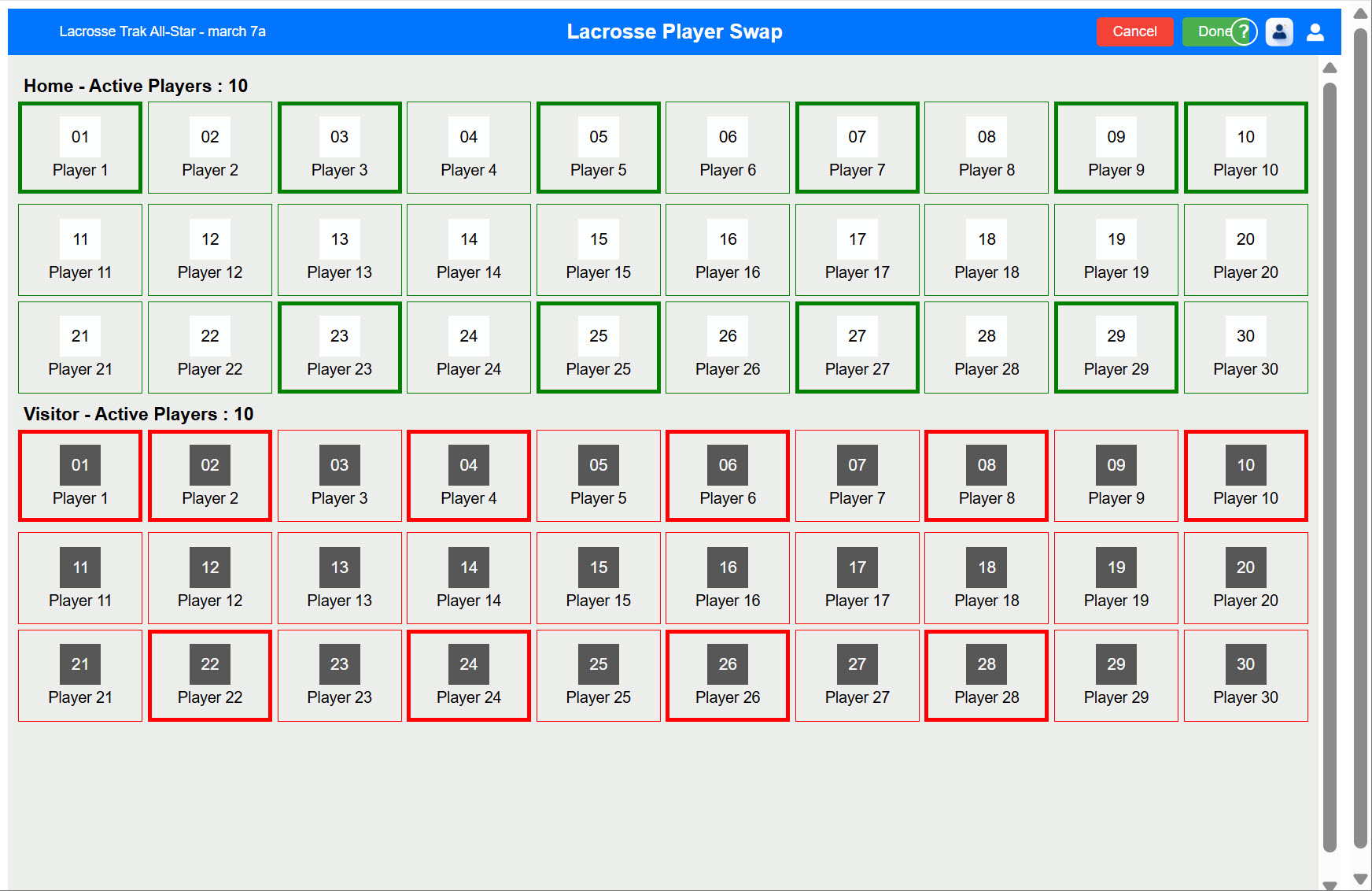 Lacrosse Trak player swap page