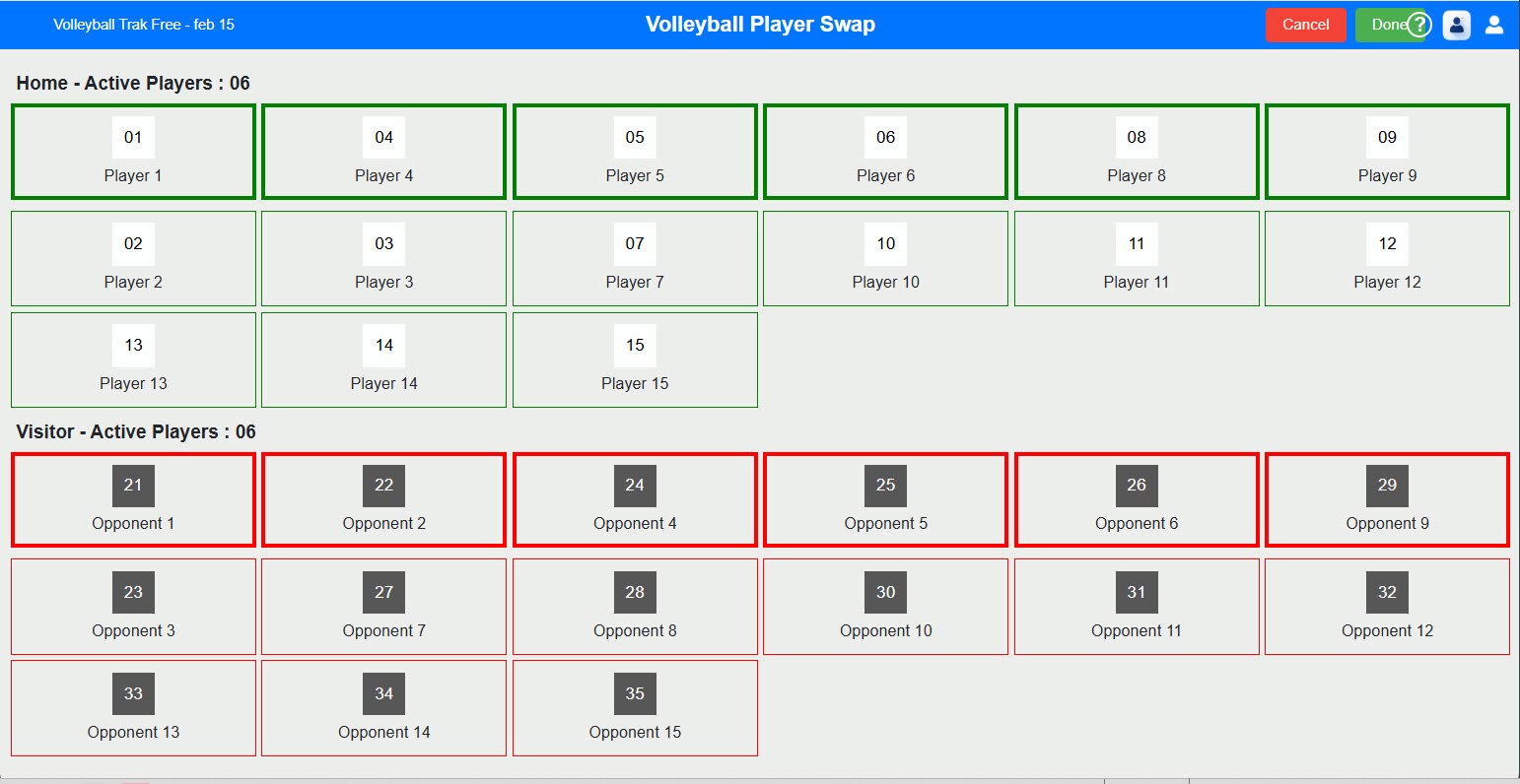 Volleyball Trak player swap screen